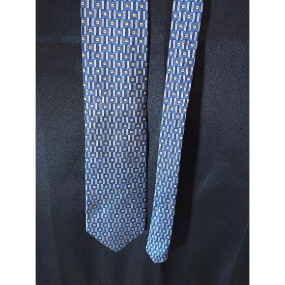 Hickey-Freeman Collection Mens Silk Tie Blue & Yellow Geometric Pattern Made In - Picture 9 of 10